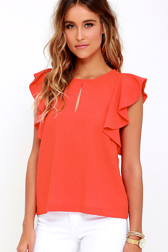 red blouse with ruffle sleeves
