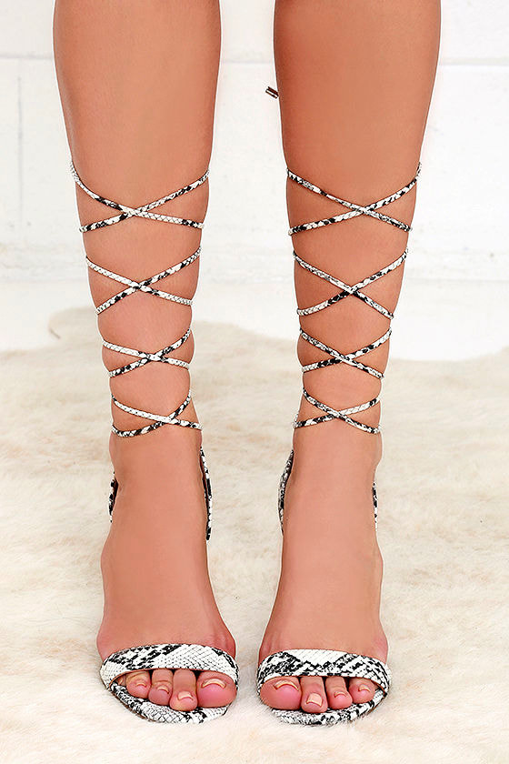 Turn It Up Beige Snake Leg Wrap Heels