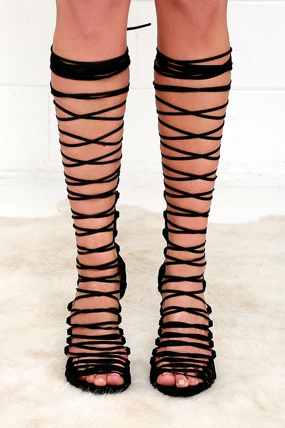 Tall Lace-Up Heels - Black Heels - Suede Heels - $45.00