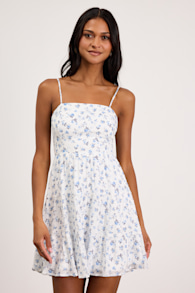 So Effortless White Floral Print Swiss Dot Tie-Back Mini Dress 1
