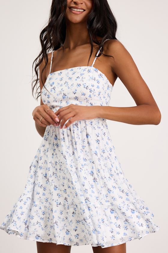 So Effortless White Floral Print Swiss Dot Tie-Back Mini Dress 2