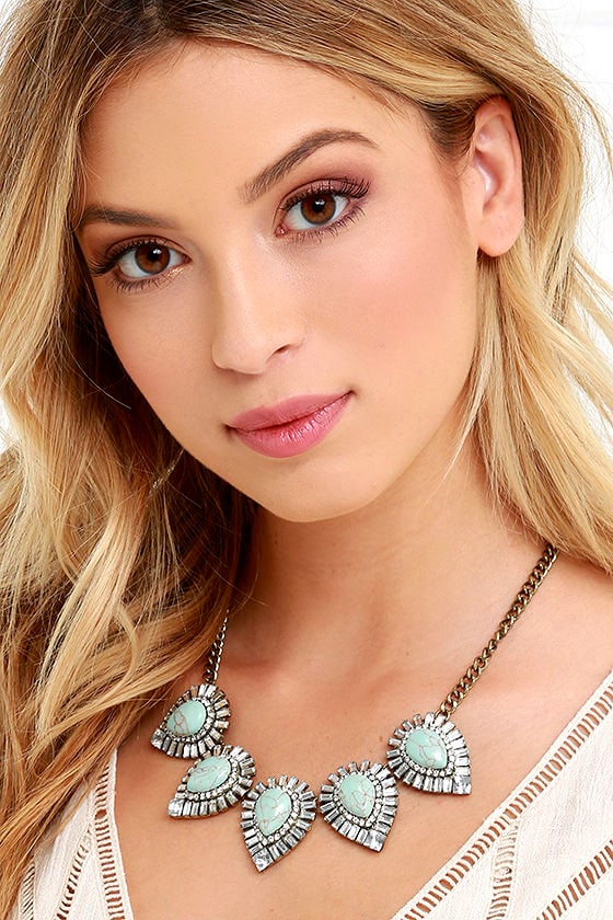 You Rock! Gold and Turquoise Rhinestone Necklace
