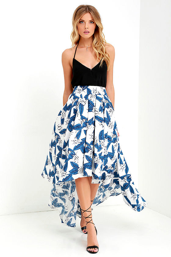 Tropical Getaway Blue and Ivory Floral Print High-Low Skirt
