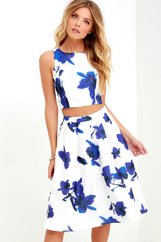 Two-Piece Dress - Floral Print Dress 
