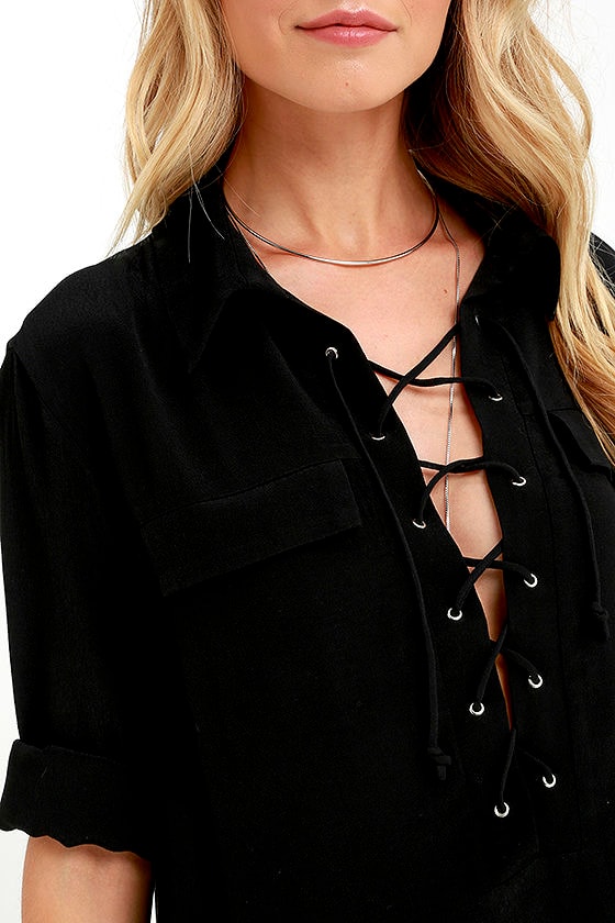 black lace up top long sleeve