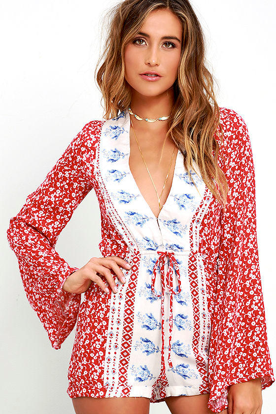 Red Print Romper Floral Print Romper Long Sleeve Romper 69.00