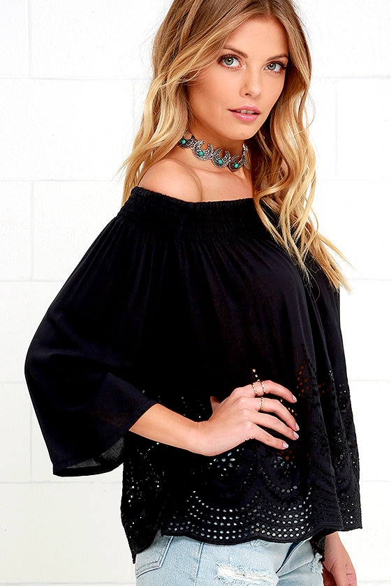Chic Black Top - Off-the-Shoulder Top - Lace Top - Embroidered Top - $59.00