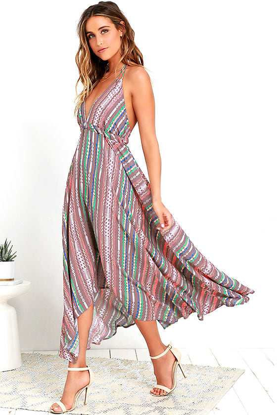Mauve Print Dress - Backless Dress - Midi Dress - Halter Dress - $74.00 ...