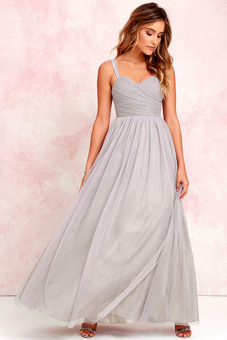chinese dress ladies Light Grey Tulle Long Lace Applique Flowers Wedding Party Dresses, A-l –  Cutedressy main image 1