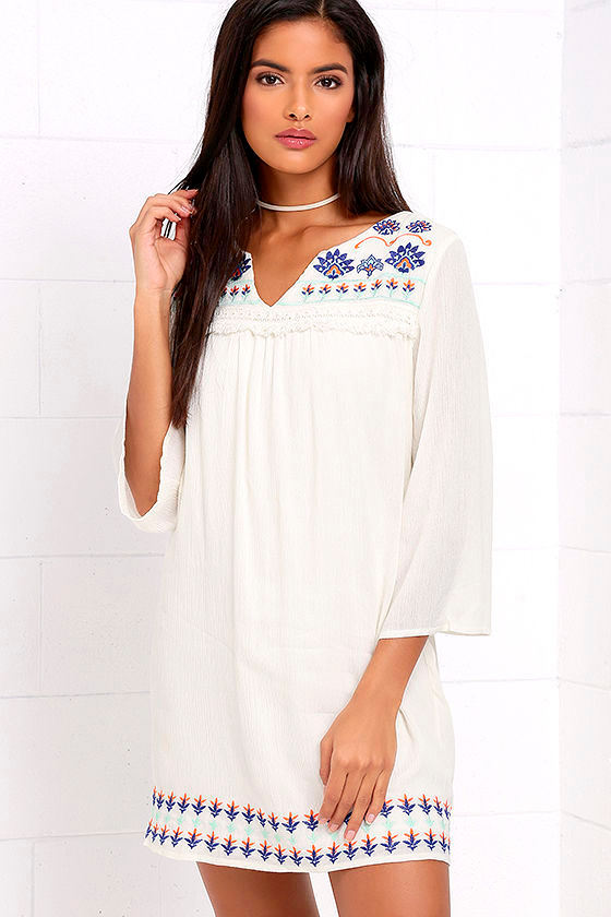 Cream Dress Embroidered Dress Shift Dress 56.00 Lulus