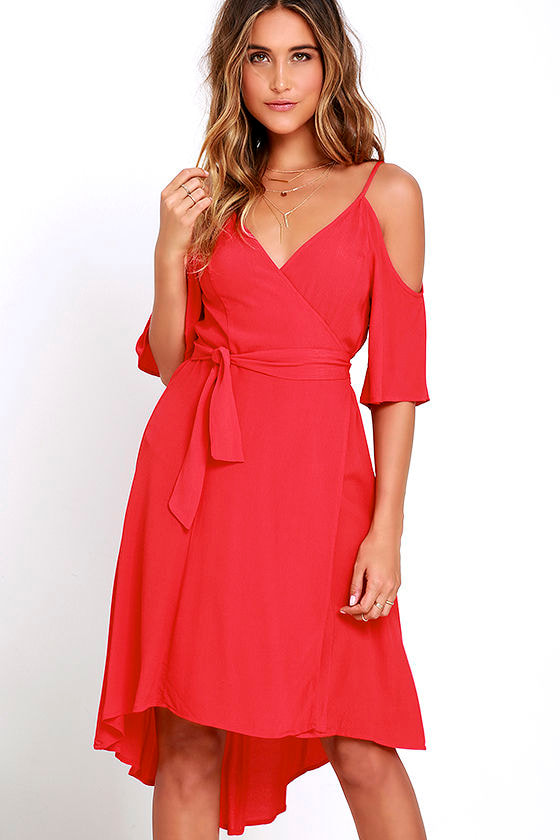 Coral Red Dress - High-Low Dress - Wrap Dress - $56.00 - Lulus