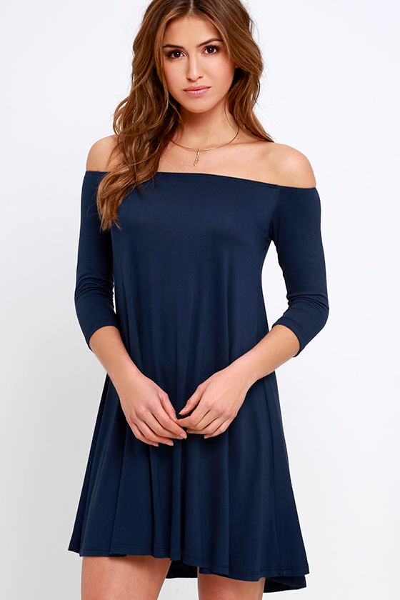 Cute Off-the-Shoulder Dress - Navy Blue Dress - Swing Dress - $34.00 ...