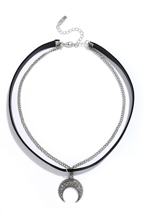 Cool Black and Silver Necklace - Choker Necklace - Vegan Suede Choker ...