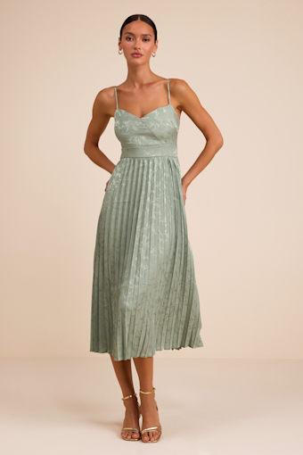 Regal Romance Sage Floral Jacquard Pleated Satin Midi Dress 2