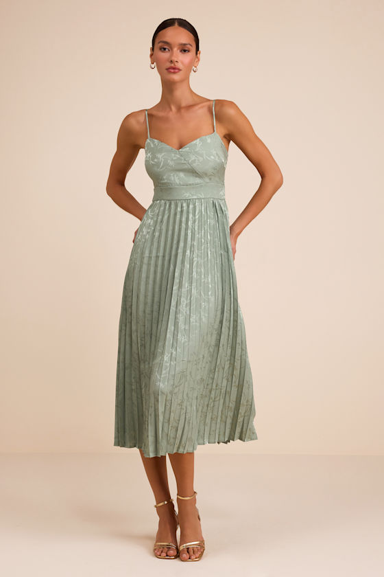 Regal Romance Sage Floral Jacquard Pleated Satin Midi Dress 2