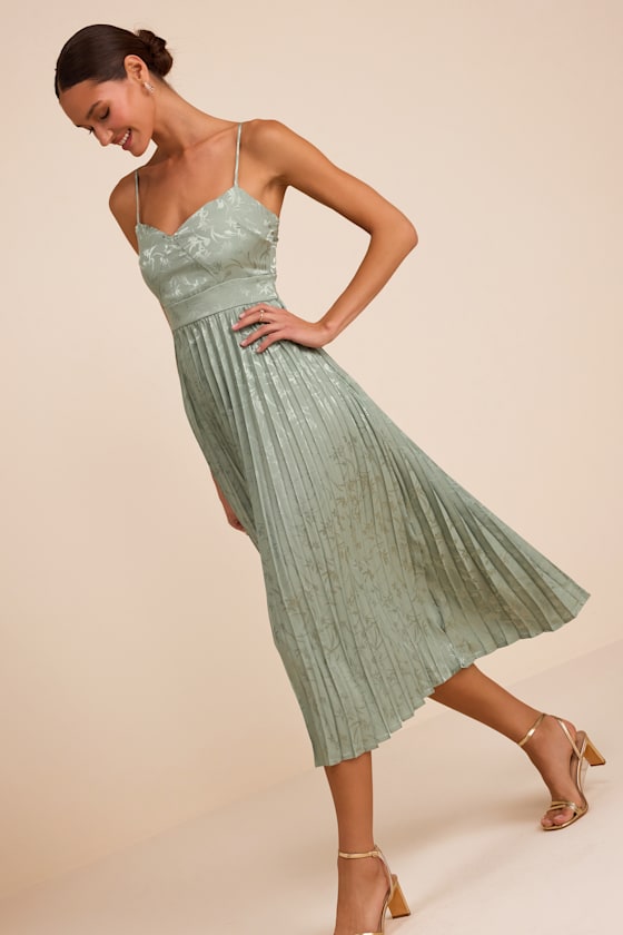 Regal Romance Sage Floral Jacquard Pleated Satin Midi Dress 3