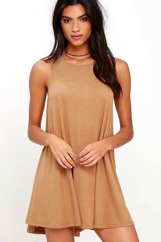 Caramel Brown Suede Zip-Up Dress