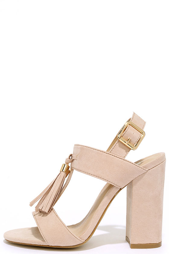 suede nude block heels