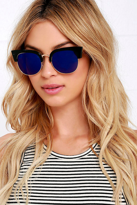 Chic Black and Blue Sunglasses - Mirrored Sunglasses - Cat Eye ...