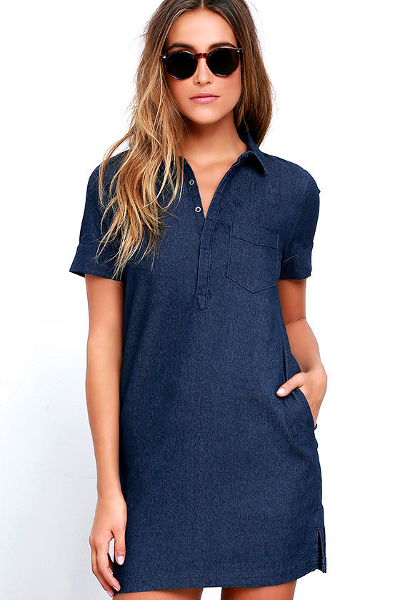 Dark Blue Dress - Shirt Dress - Chambray Dress - Short Sleeve Dress ...