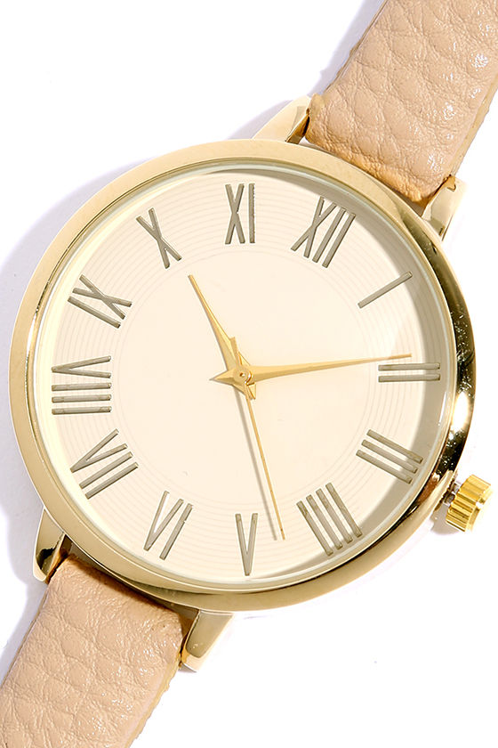 Time Can Tell Gold and Beige Leather Watch