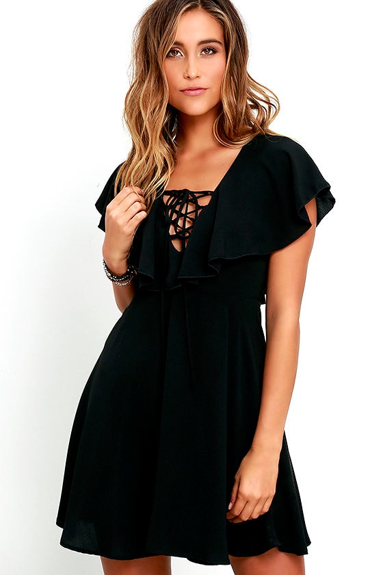 Sexy Black Dress - LBD - Lace-Up Dress - Skater Dress - $58.00 - Lulus