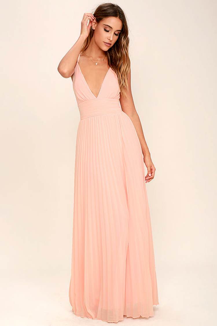 open lace back dress 21SIX Dorothea Peach Fuzz Silk Pleated Dress main image 0
