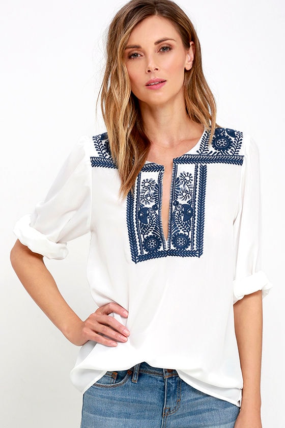 Boho Top - Blue and Ivory Top - Embroidered Top - Long Sleeve Top - $68 ...