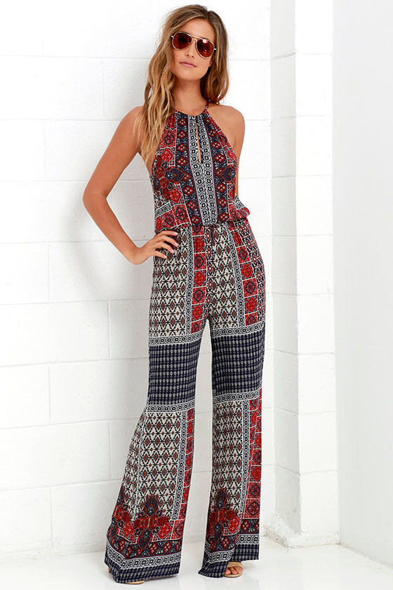 Fun Print Jumpsuit - Red and Navy Blue Print Jumpsuit - Sleeveless Jumpsuit - $66.00 - Lulus
