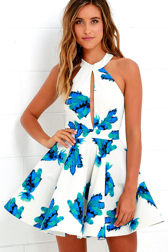 Stunning Ivory and Blue Floral Print Dress - Skater Dress - Lulus