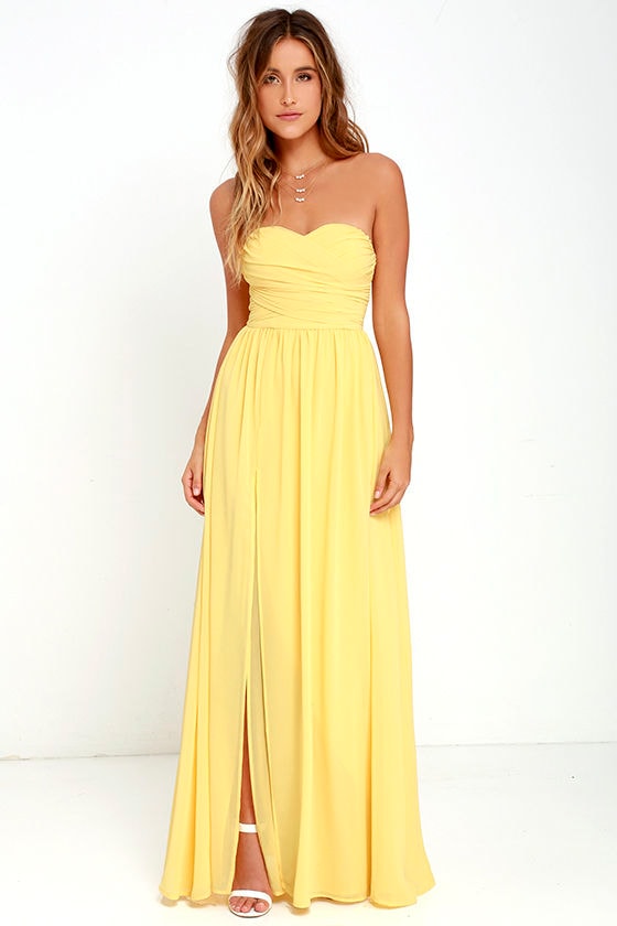 yellow strapless dress