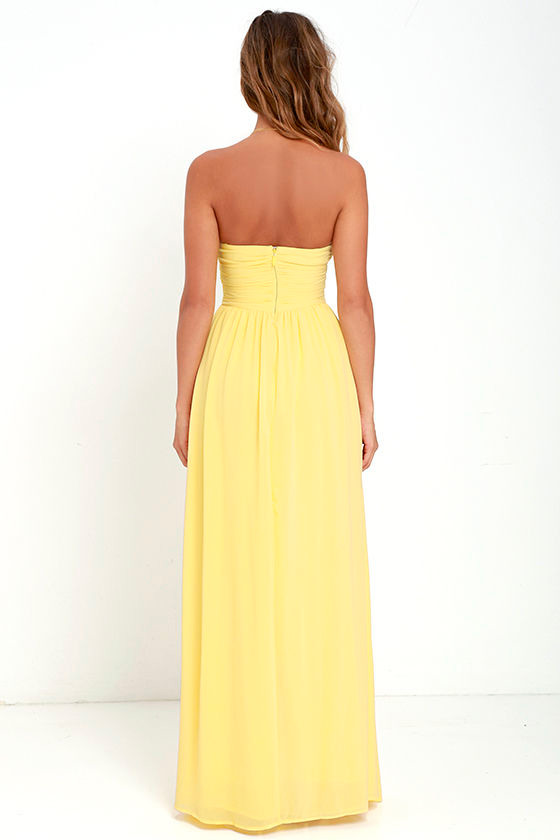 Beautiful A-Line Light Yellow Lace Strapless Prom Dress Cute Birthday Party Dress