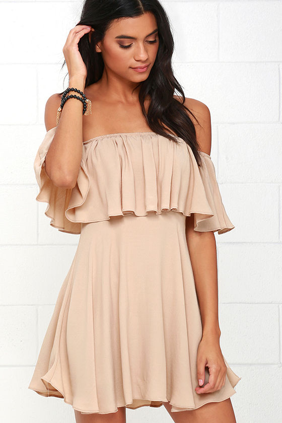 Young and in Love Beige Off-the-Shoulder Dress 1