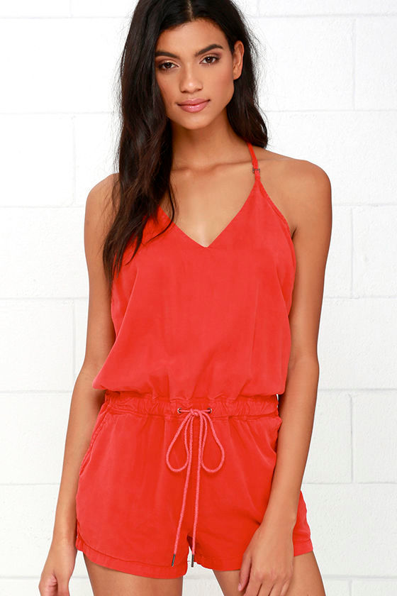 Blank NYC Washed Red Romper Strappy Romper 83.00 Lulus