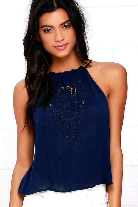 Cute Embroidered Top - Navy Blue Top - Halter Top - $39.00 - Lulus