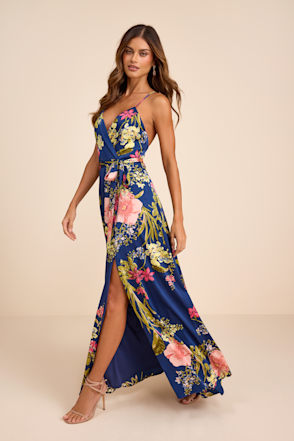 Blue Floral Print Satin Maxi Dress | Womens | XXL (Available in XXS, XS, S, M, L, XL) | 100% Polyester | Lulus