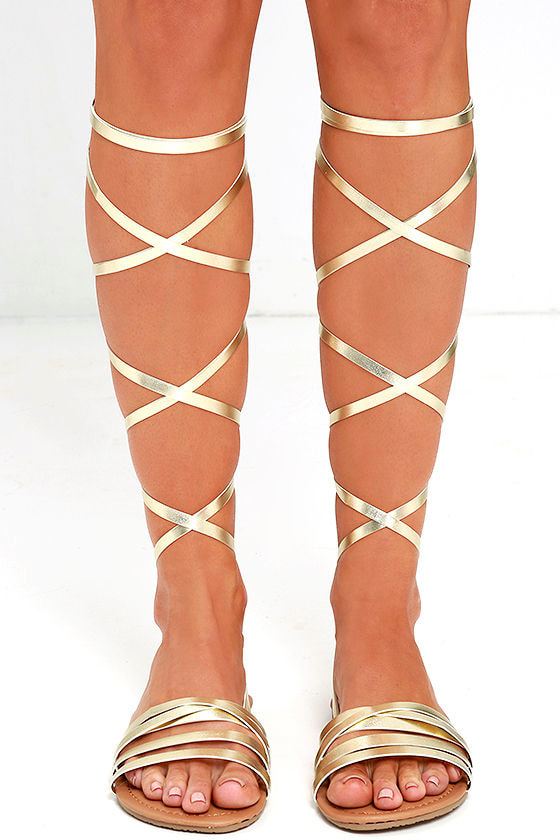 LULUS Topanga Gold Leg Wrap Sandals