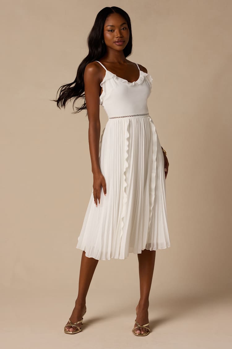 White Tie-Strap Pleated Midi Dress | Womens | X-Small (Available in S, M, L, XL) | 100% Polyester | Lulus | Dresses | Day Dresses