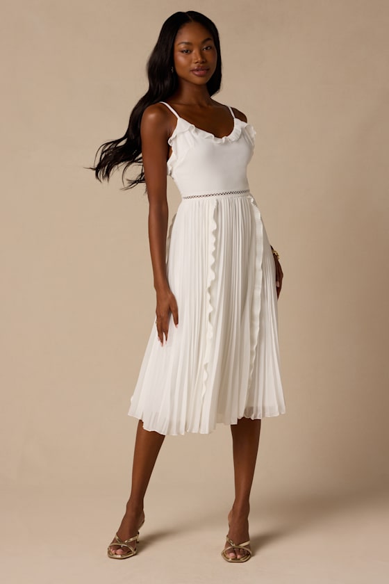 Never a Dull Moment White Tie-Strap Pleated Midi Dress 2