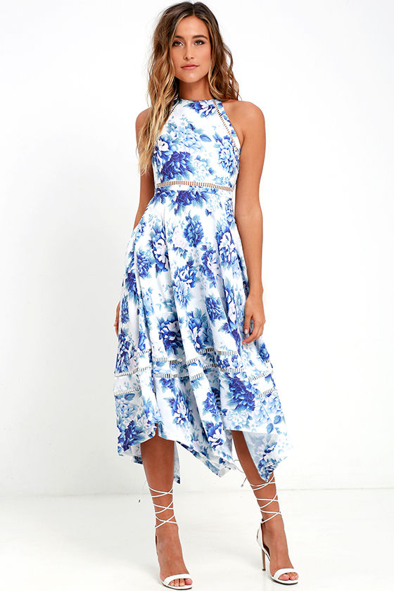 blue and white floral midi dress