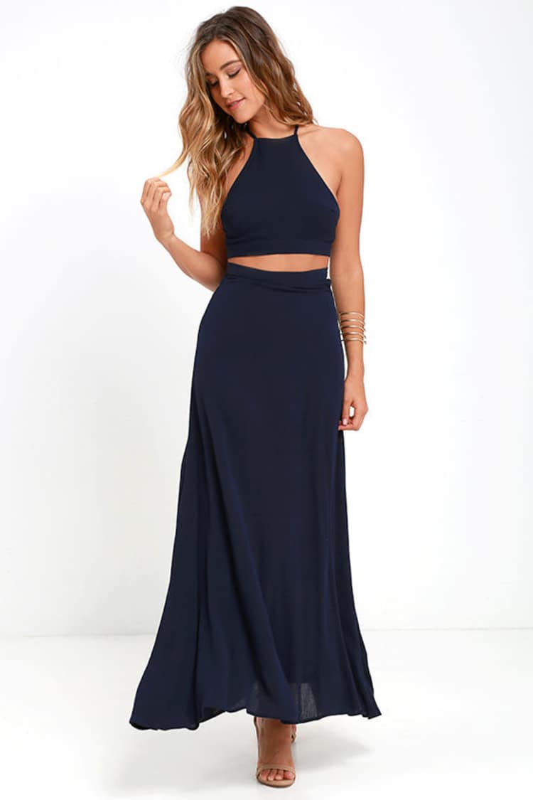 navy blue two piece dress Two Piece Halter Neck Sleeveless Blue Long Prom Dresses with Lace, QB0   QueenaBridal