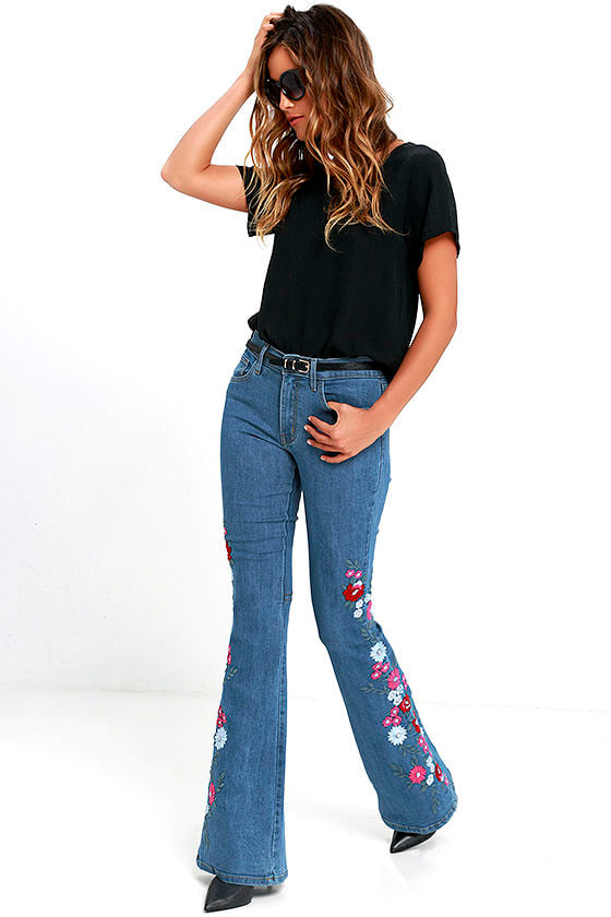 Embroidered Jeans - Flare Jeans - Medium Wash Jeans - $89.00 - Lulus