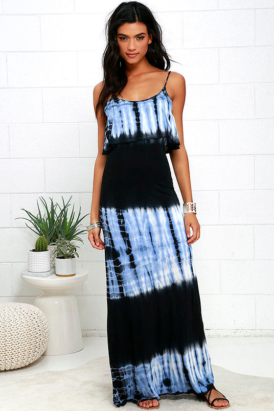 Lovely Black and Blue Tie-Dye Maxi Dress - Bodycon Maxi Dress - $57.00 ...