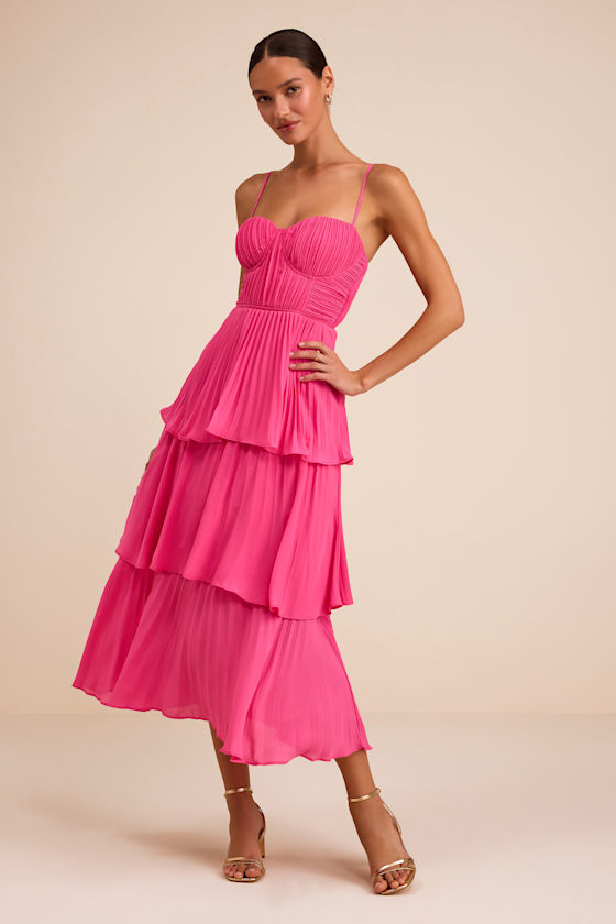 Cascading Crush Hot Pink Tiered Midi Dress 2