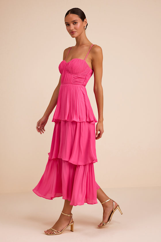 Cascading Crush Hot Pink Tiered Midi Dress - thumbnail 4