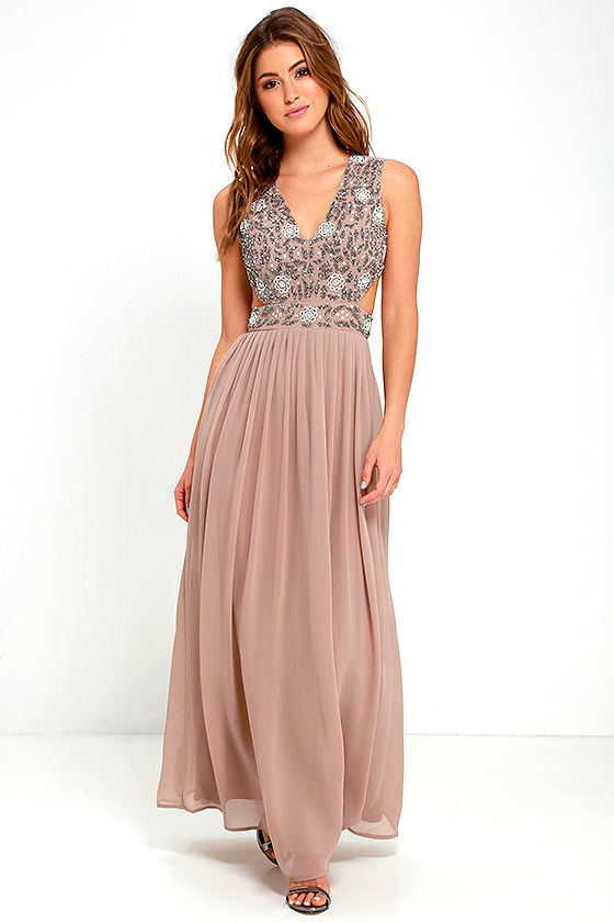 TFNC Lace & Beads Vera - Taupe Gown - Sequin Gown - $168.00