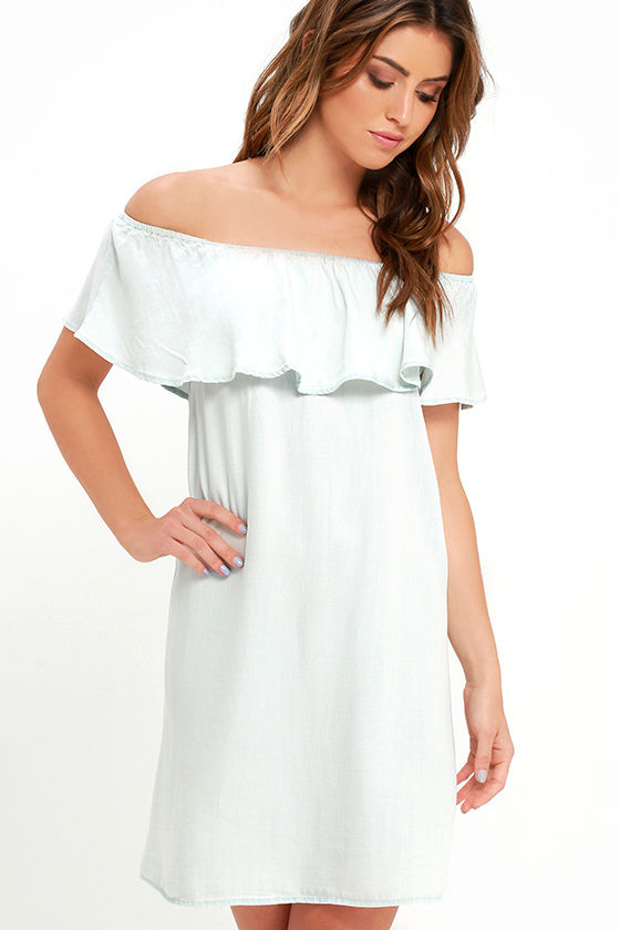 Cute Light Blue Dress - Chambray Dress - Off-the-Shoulder Dress - $78. ...
