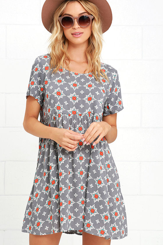 Babydoll Dress Grey Print Dress Shift Dress 40.00 Lulus