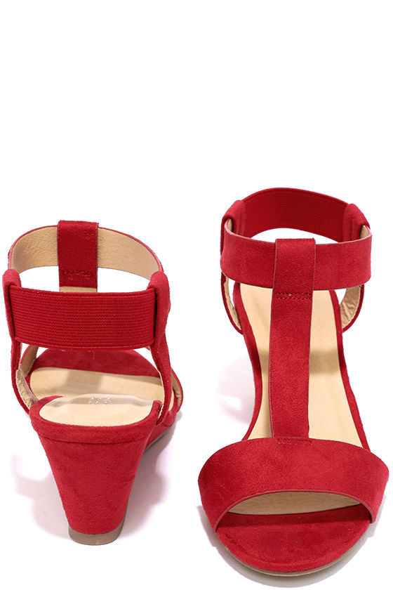 Cute Red Wedge Sandals - Vegan Suede Sandals - $24.00