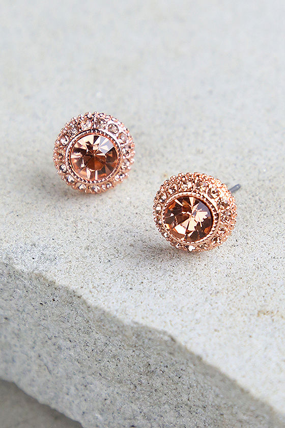 Pretty Rose Gold Earrings - Rhinestone Stud Earrings - - Lulus